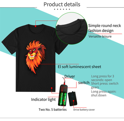 Kaos Berkedip Pasangan LED Dengan Pola Singa Unisex 100% Katun